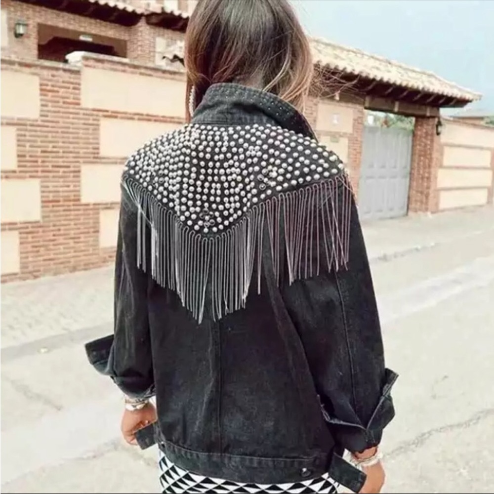 Black Denim Oversized Studded Chain Fringe  Jacket/Coat